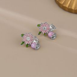 KRENOZ Silver-Plated Crystals Studded Floral Shaped Drop Earrings-10