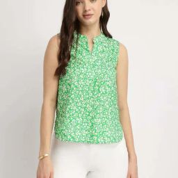 Fablestreet Green Floral Mandarin Neck Top-image-115