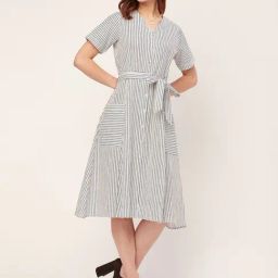 Moomaya Off White & Black Cotton Striped Shirt Dress-image-10