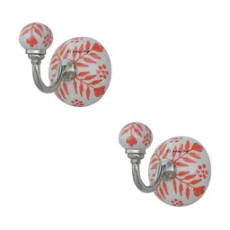 IndianShelf Orange Colored & White 2 Pieces Floral Printed Ceramic Wall Hooks-3