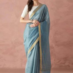 Fabindia Blue Cotton Silk Blend Woven Saree-picture-0