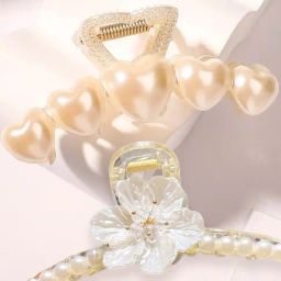OOMPH Floral & Heart White Pearls & Beads Big Hair Claw - Combo of 2-image-84