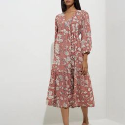 Utsa by Westside Dusty Pink Foliage Printed Tiered Dress-image-68