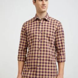 ColorPlus Yellow Cotton Tailored Fit Checks Shirt-picture-8