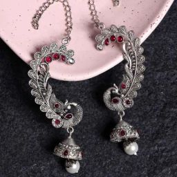 Panash Oxidized Silver Plated Peacock Ear Cuff Earrings-32