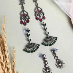 Panash Black Rhodium Plated Stone Accents Dangler Earrings Set of 3-15