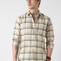 Vastrado Brown Cotton Relaxed Fit Checks Shirt-image-65