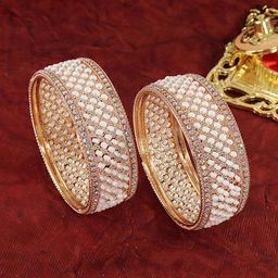 ZULKASet of 2 Premium Metal White Moti Pearls & Diamond Kada Bangles-image-71