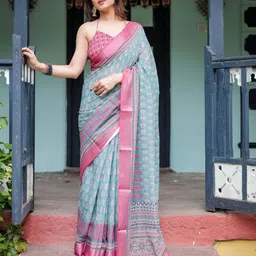 ALMAARI FASHION Floral Printed Pure Linen Banarasi Saree-picture-30