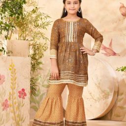 Aarika Kids Mustard Cotton Printed Kurti & Sharara-image-40