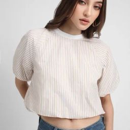 Forever 21 White & Beige Cotton Striped Crop Top-picture-1