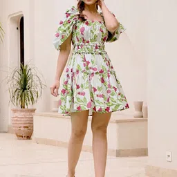 HOUSE OF FETT Women Cotton Anarie Short Flared Sleeve Fit & Flare Dress-image-11