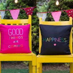 BandBox Pink & Black Set of 2 Embroidered Square Cushion Covers-6