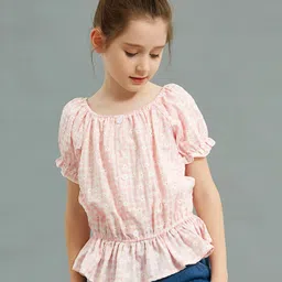 Kookie Kids Half Sleeves Top Floral Print - Peach-picture-5