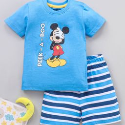 Babyhug Half Sleeves Striped Night Suit Mickey Mouse Print - Blue-image-55