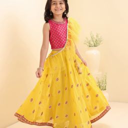 Babyhug Sleeveless Printed Choli Lehenga & Dupatta Set - Yellow-picture-12