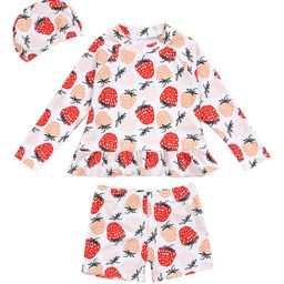 Babyhug Full Sleeves Two Piece Swimsuit with Cap Strawberry Print - White-image-86