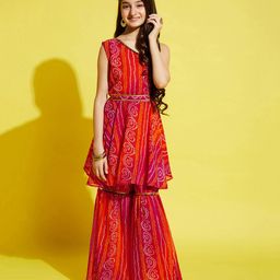 Cherry & Jerry One Shoulder Sleeveless Bandhani Printed Kurta & Sharara - Orange-image-29