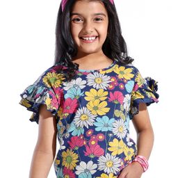 Pine Kids 100% Cotton Ruffle Sleeves Top All Over Printed Floral - Navy Peony-image-98