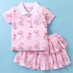 ToffyHouse 100% Cotton Knit Half Sleeves Polo T-Shirt & Skirt Set With Bunny Print - Pink-image-29
