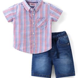 Babyhug Cotton Knit Half Sleeves Checks Shirt & Denim Shorts Set  - Multicolour-14