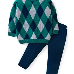 Babyhug Knit Full Sleeves Pullover Sweater & Pant Set Argyle Design - Green-image-33