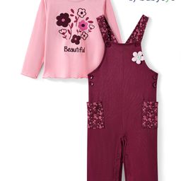 Babyoye Twill Woven Full Sleeves Floral Printed T-Shirt & Dungaree withApplique - Maroon & Pink-image-40