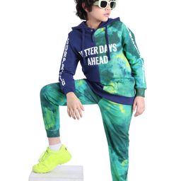 Ollington St. 100% Cotton Knit Full Sleeves Hooded Sweatshirt & Joggers Set With Text Print - Navy Blue & Green-image-29