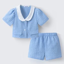 Mark & Mia Half Sleeves Peter Pan Collared Textured Solid Colour Party Top with Shorts & Pockets - Light Blue-image-28
