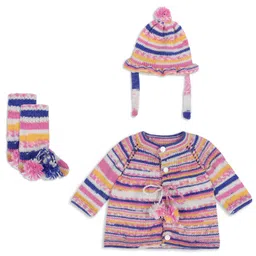 Windrop Solutions Wool Full Sleeves Crocheted Striped Sweater With Cap & Booties - Multi Colour-picture-36