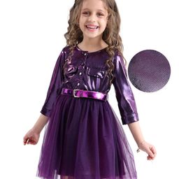 Hola Bonita Knit Three FourthSleeves Holographic Glitter Printed Mesh Party Dress - Purple-image-62