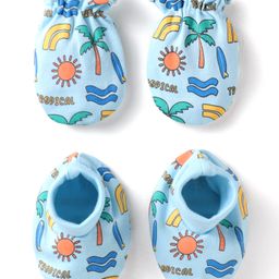 Babyhug 100% Cotton Knit Mittens & Booties With Tropical Print - Blue-image-91
