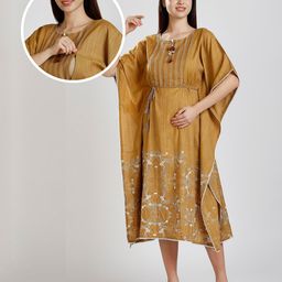 Dummy Shape Half Batwing Sleeves Abstract Embroidered & Lace Embellished Maternity Kaftan Kurta With Nursing Access - Mustard Yellow-image-68