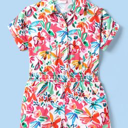 Babyhug Cotton Knit Half Sleeves Jumpsuit With Floral Print - Red Pink & White-image-107