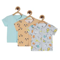 MINI KLUB Cotton Pack Of 3 Half Sleeves Cars & Baby Animals Printed Jhablas - Blue Brown & Lavender-picture-31