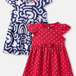 Babyhug Single Jersey Knit Cap Sleeves Polka Dot Printed Dresses With Bow Applique Pack of 2 - Red & White-image-9