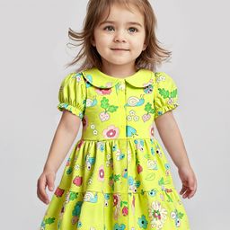 Babyoye 100% Cotton Knit With Eco Jiva Finish Half Sleeves Floral & Insects Printed Front Open Peter Pan Collared Frock With Bloomer - Lime Green-image-99