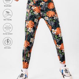 Pine Active Full Length Super Stretch Leggings with Floral Print- Black & Dark Green-image-33