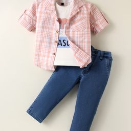 Dapper Dudes Full Sleeves Checked Shirt With Typography Printed Tee & Pant Set - Peach-image-26