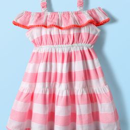 Babyhug Rayon Woven Cold Shoulder Sleeves Striped Frock - Pink & White-image-45