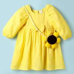 Babyhug Cotton Knit Full Balloon Sleeves Solid Frock With Sunflower Sling Bag - Yellow-image-65