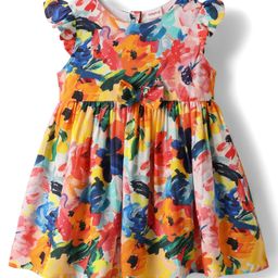 Babyhug Cotton Knit Frill Sleeves Frock With Floral Print & Bow Applique - Yellow-image-89