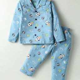 Smarty Boys Looper Knit Full Sleeves Co-Ord Night Suit With Space Theme Print - Light Blue-image-72