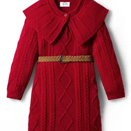 Hola Bonita Knitted Full Sleeves Solid Sweater Dress With Cable Knit Design - Red-picture-7
