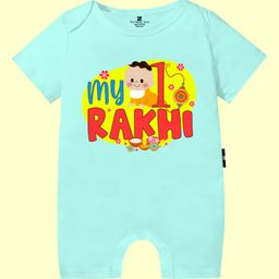 The Peppy Tend 100% Cotton Knit Raksha Bandhan Theme Half Sleeves My 1st Rakhi Text Printed Romper - Sea Green-image-71