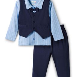 BUMZEE Cotton Knit Full Sleeves 3 Piece Party Suit With Bow Attached & Stripes Print - Sky Blue & Navy Blue-picture-33