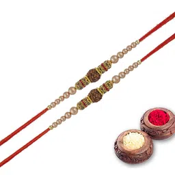 MEIRA JEWELLERY Set Of 2 Rudraksh Designer Rakhis With Greeting Card & Roli Chawal-54