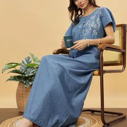 9shines Label Women Embroidered Maxi Pure Cotton Nightdress-image-56