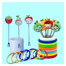 FunBlast Cartoon Theme Fruit Fork Set with Ring StandPack of 8 Pcs Multicolor image 2