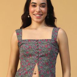 Oxolloxo Women Floral Printed Square Neck Smocked Fitted Top-image-52